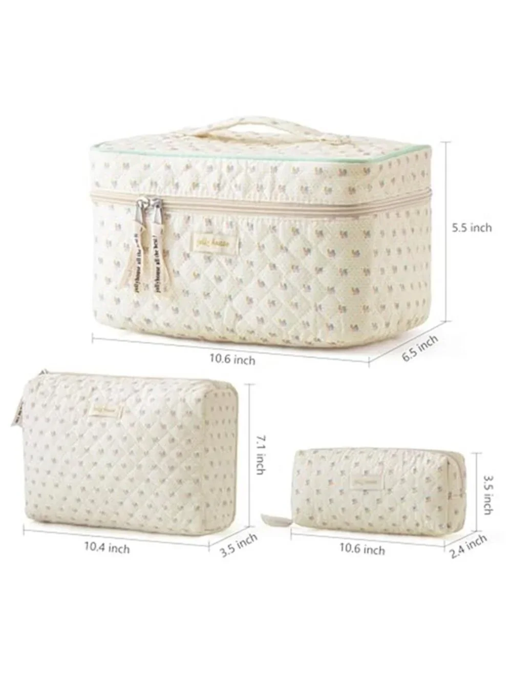 Quilted Makeup Bag 3Pcs Cotton Large Travel Makeup Bags Organizer